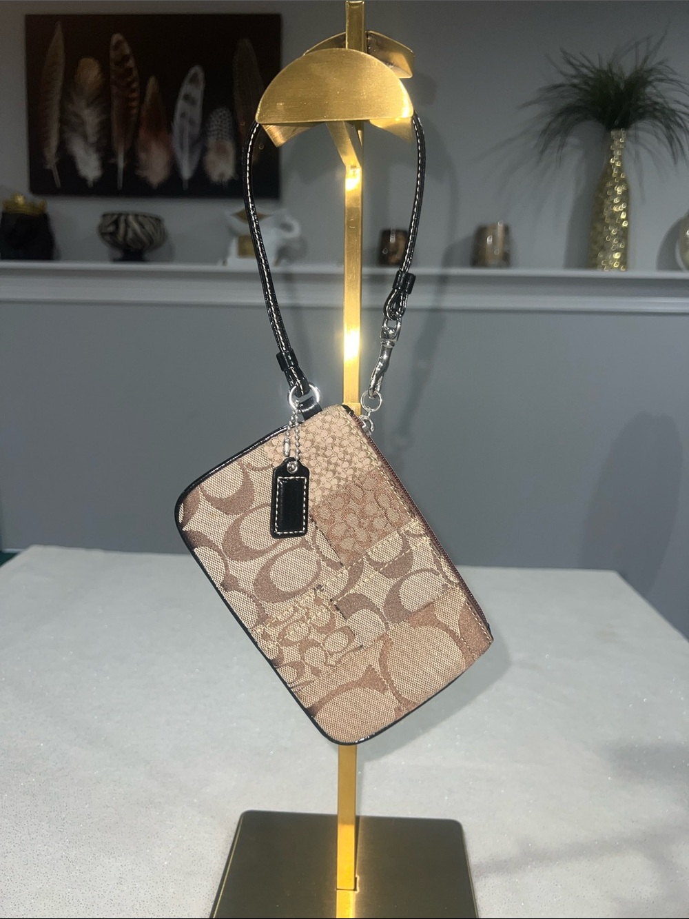 Coach Beige and Brown Signature Patchwork Wristlet